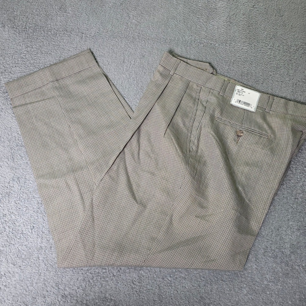 Austin Reed Mens 36x30 Pleated Dress Pants Tan Micro Check Cuffed Wool Blend
